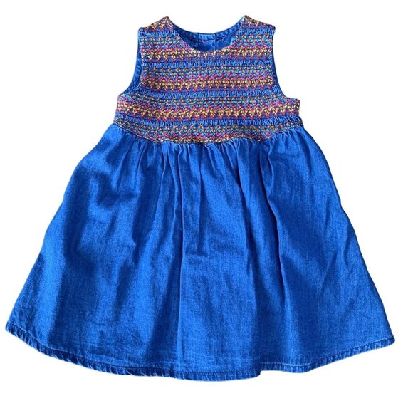 MINICLUB Smocked Girls Baby Dress 6-9 Rainbow Smocking Chambray Denim Mini Club - Picture 1 of 6